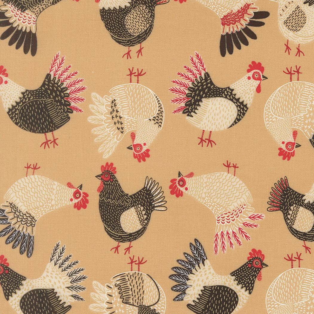 The Henhouse Tossed Chickens Hay fabric by Gingiber featuring rustic chicken and hay design