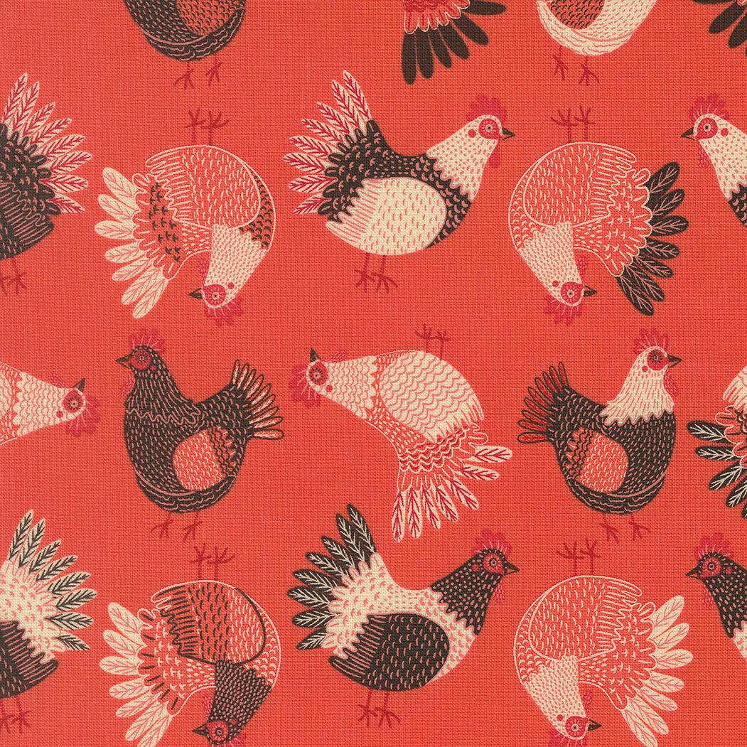 The Henhouse Tossed Chickens fabric by Gingiber in tomato red for Moda Fabrics