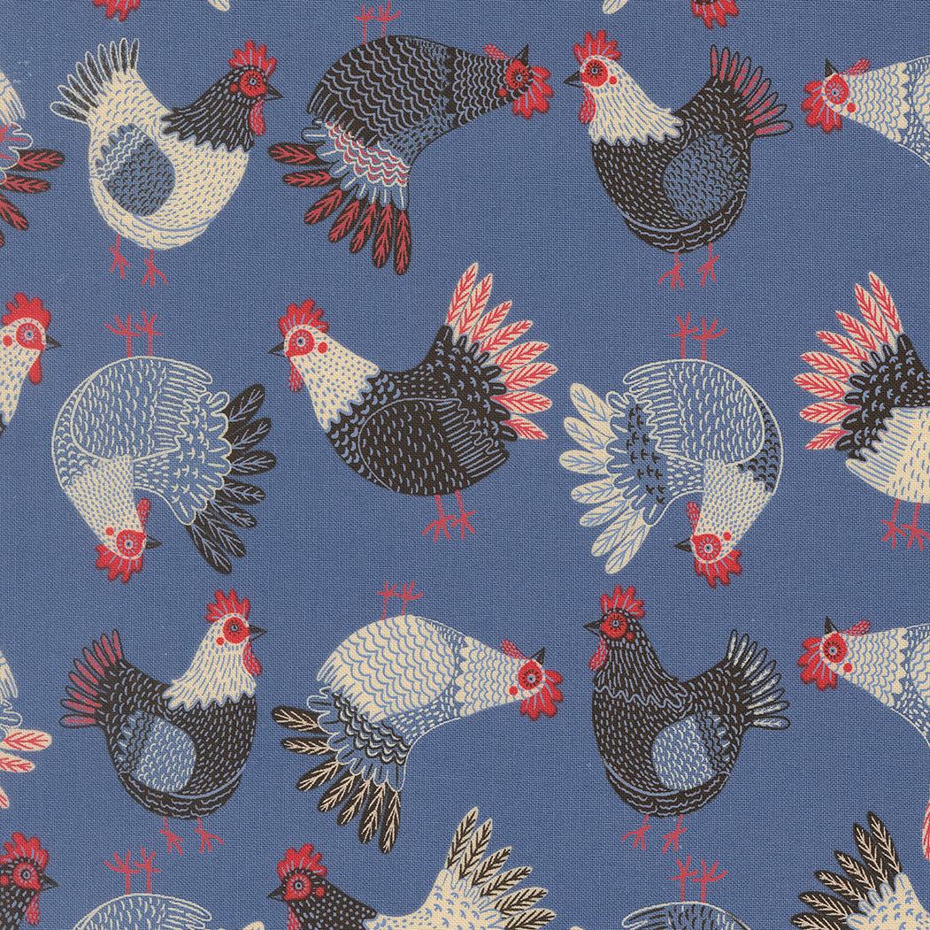 The Henhouse Tossed Chickens cobalt fabric by Gingiber for Moda Fabrics with hand-drawn chickens and rustic charm