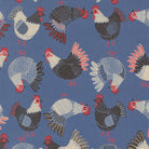 The Henhouse Tossed Chickens cobalt fabric by Gingiber for Moda Fabrics with hand-drawn chickens and rustic charm