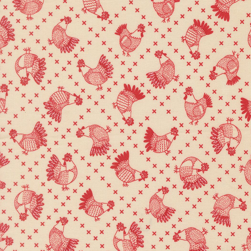 The Henhouse fabric by Gingiber featuring crossed stitch chickens and barnyard motifs in warm rustic colors