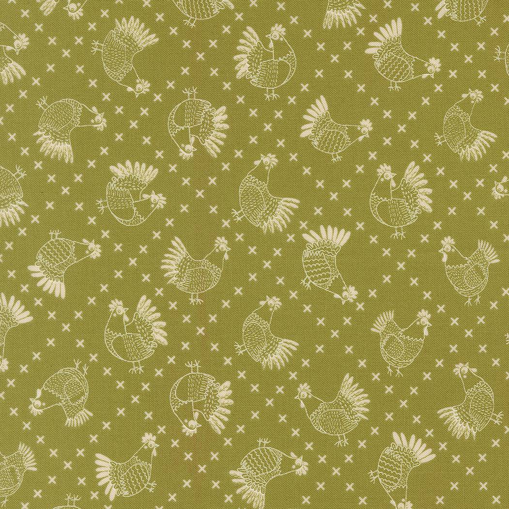 The Henhouse Crossed Stitch Chickens Grass fabric by Gingiber showing stitched chickens and grass patterns