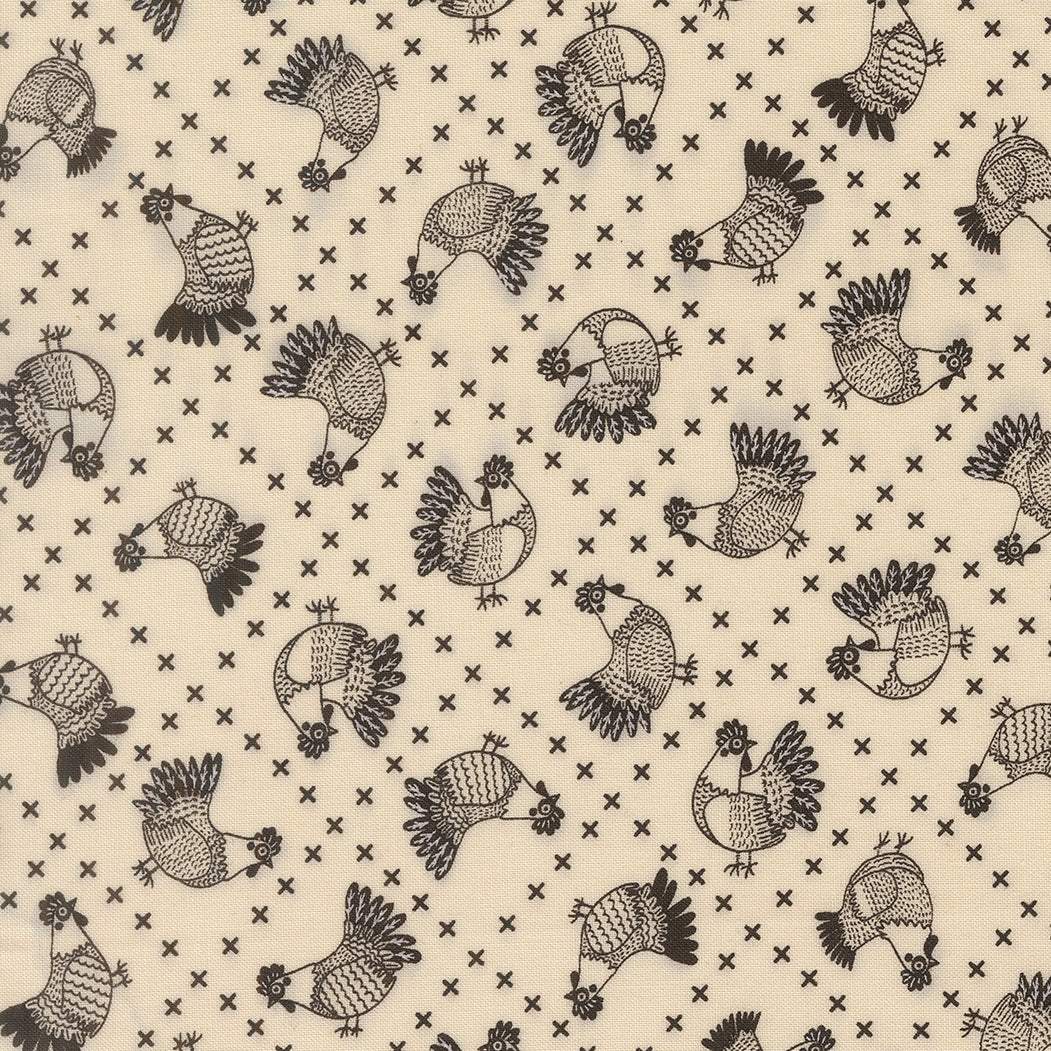 The Henhouse cross stitch chickens fabric by Gingiber for Moda Fabrics in cloud iron color
