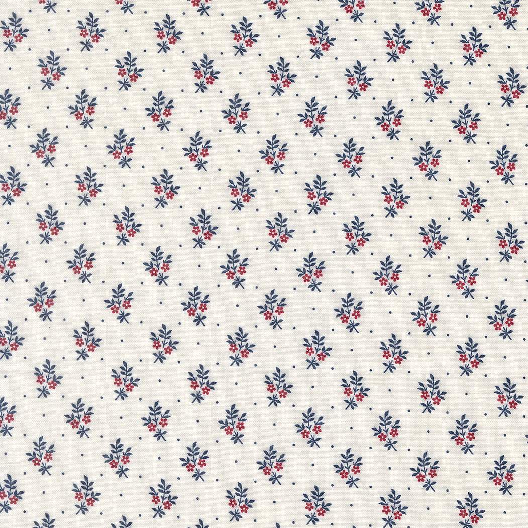 American Gatherings III fabric by Primitive Gatherings with small red and blue flower sprig pattern on white background