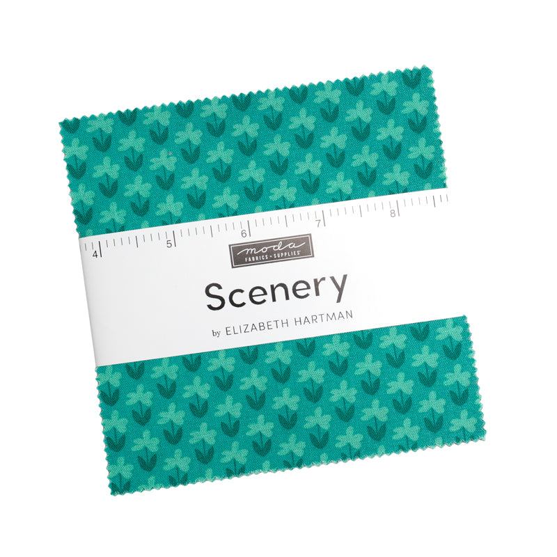 Scenery Charm Pack by Elizabeth Hartman featuring nature-inspired 5-inch fabric squares in sun-warmed colors