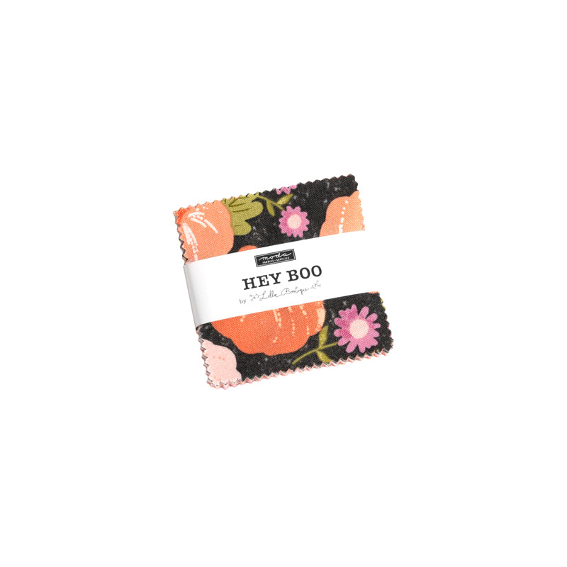 Hey Boo Mini Charm Pack featuring pastel pumpkins, ghosts, daisies, cobwebs, and stars by Lella Boutique for Moda Fabrics