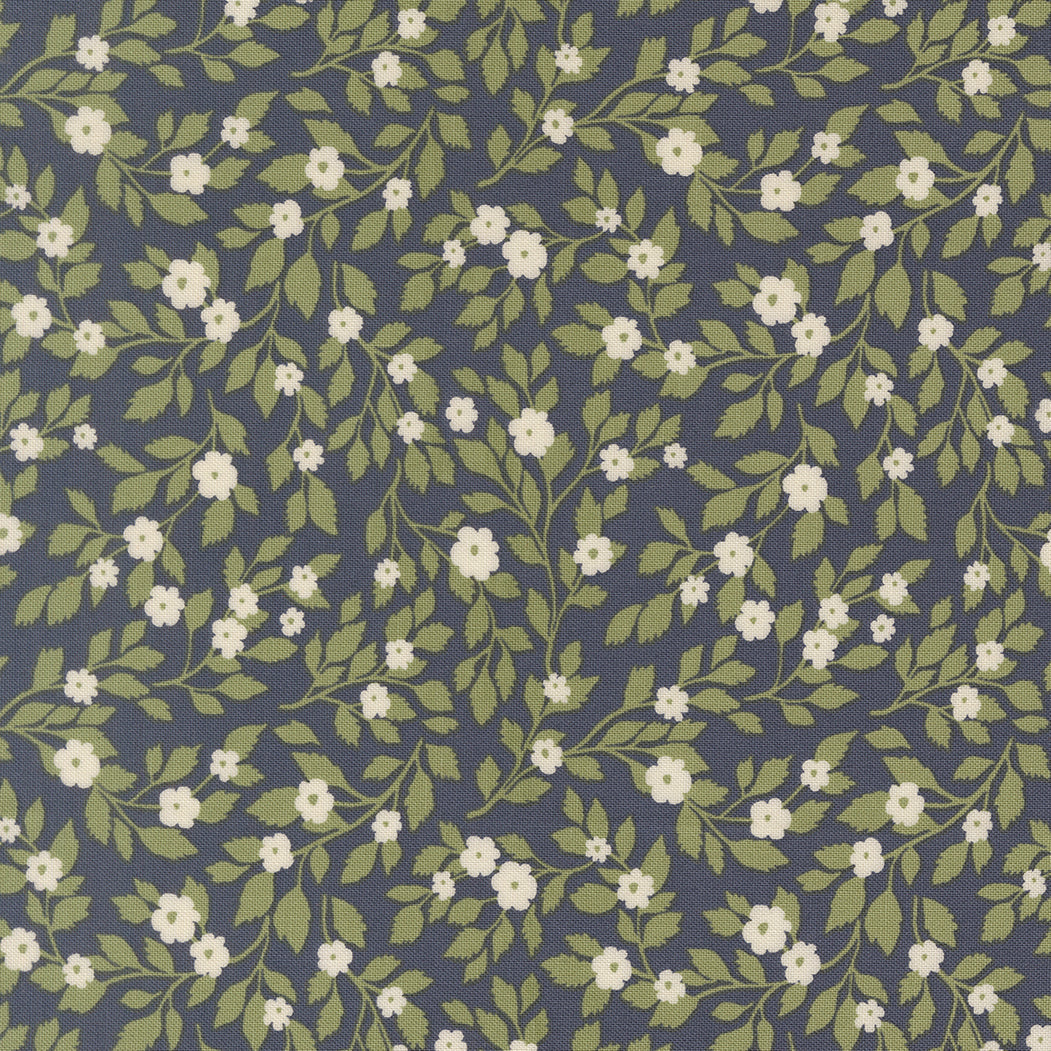 True Love Daydream Posies Twilight fabric by Vanessa Goertzen featuring vintage floral motifs and birds on calming twilight background