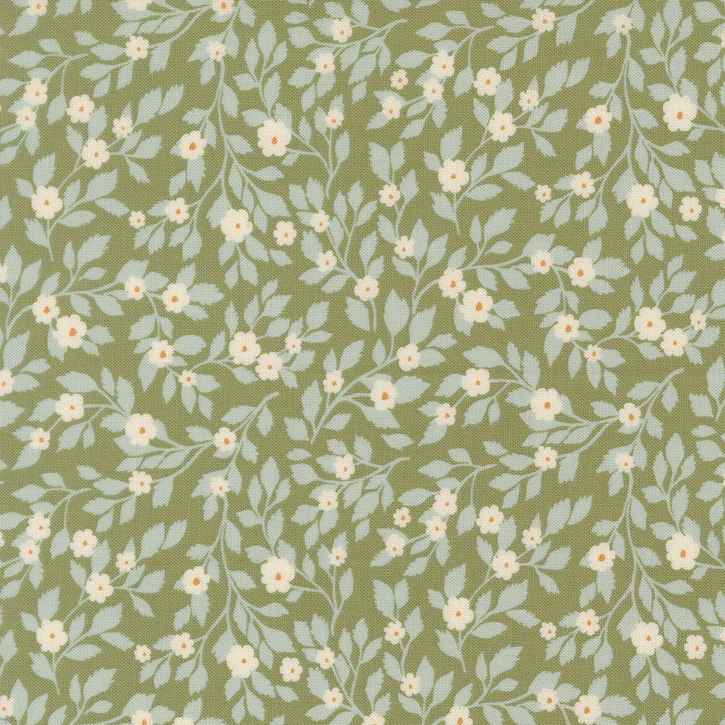 True Love Daydream fabric with vintage birds, flowers, and cozy motifs in robins egg and fern colors by Vanessa Goertzen for Moda Fabrics