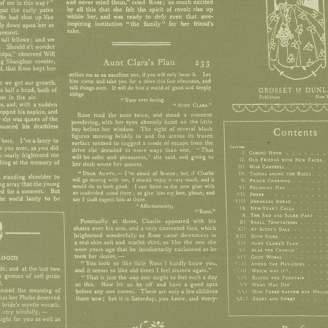 True Love Alcott Text Fern fabric by Vanessa Goertzen with vintage birds and floral motifs in calming colors