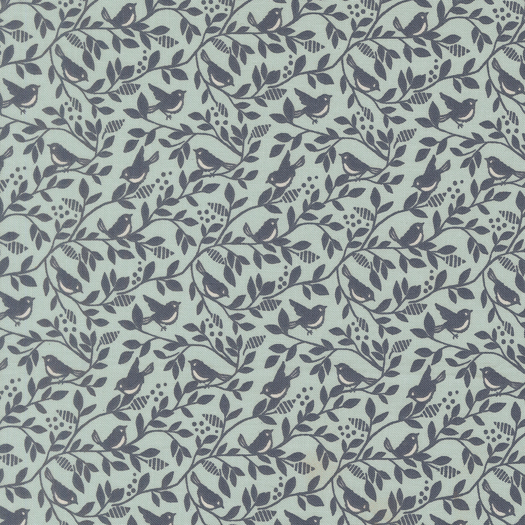 True Love Birds fabric pattern featuring vintage robins and floral motifs in soft twilight colors