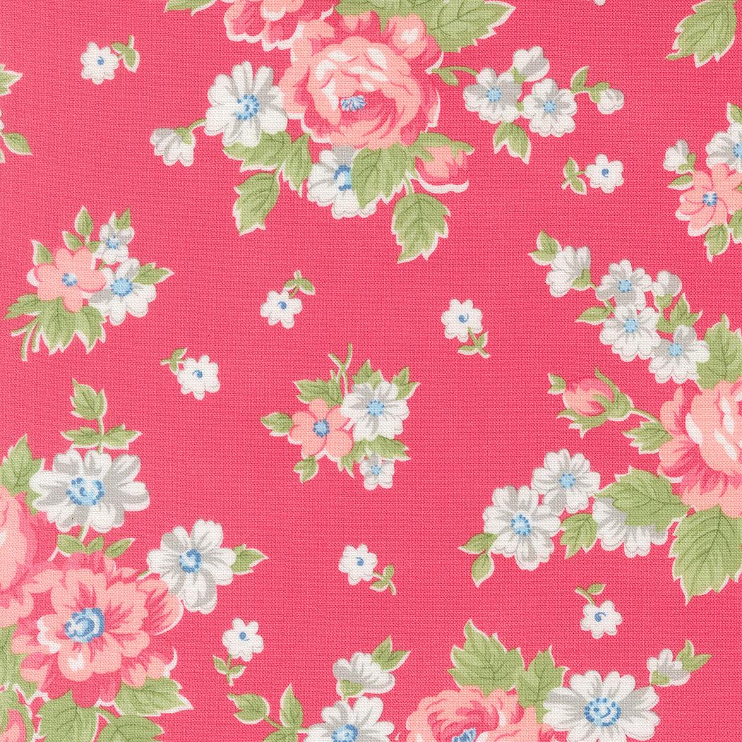 A Cat Named Stitch fabric with blooming florals and cabbage rose design by Camille Roskelley for Moda Fabrics
