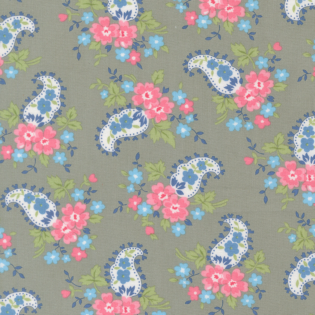 A Cat Named Stitch paisley floral grey fabric by Camille Roskelley for Moda Fabrics with cat and quilt theme