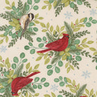 Winter birds cardinal and chickadee in cozy stockings with greenery and jingle bells on snowy fabric pattern When Snow Falls by Deb Strain