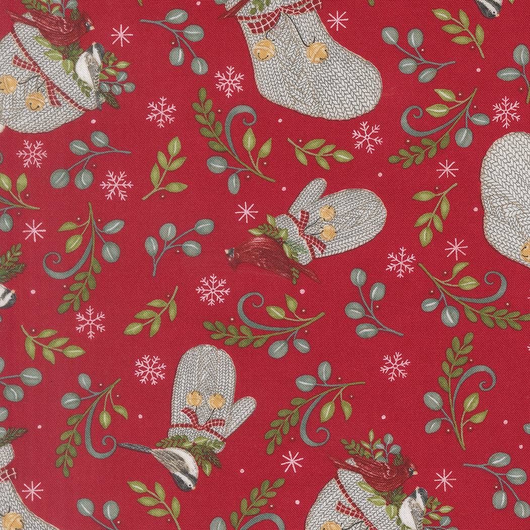 When Snow Falls winter fabric with cardinals and chickadees in red and green winter wear by Deb Strain