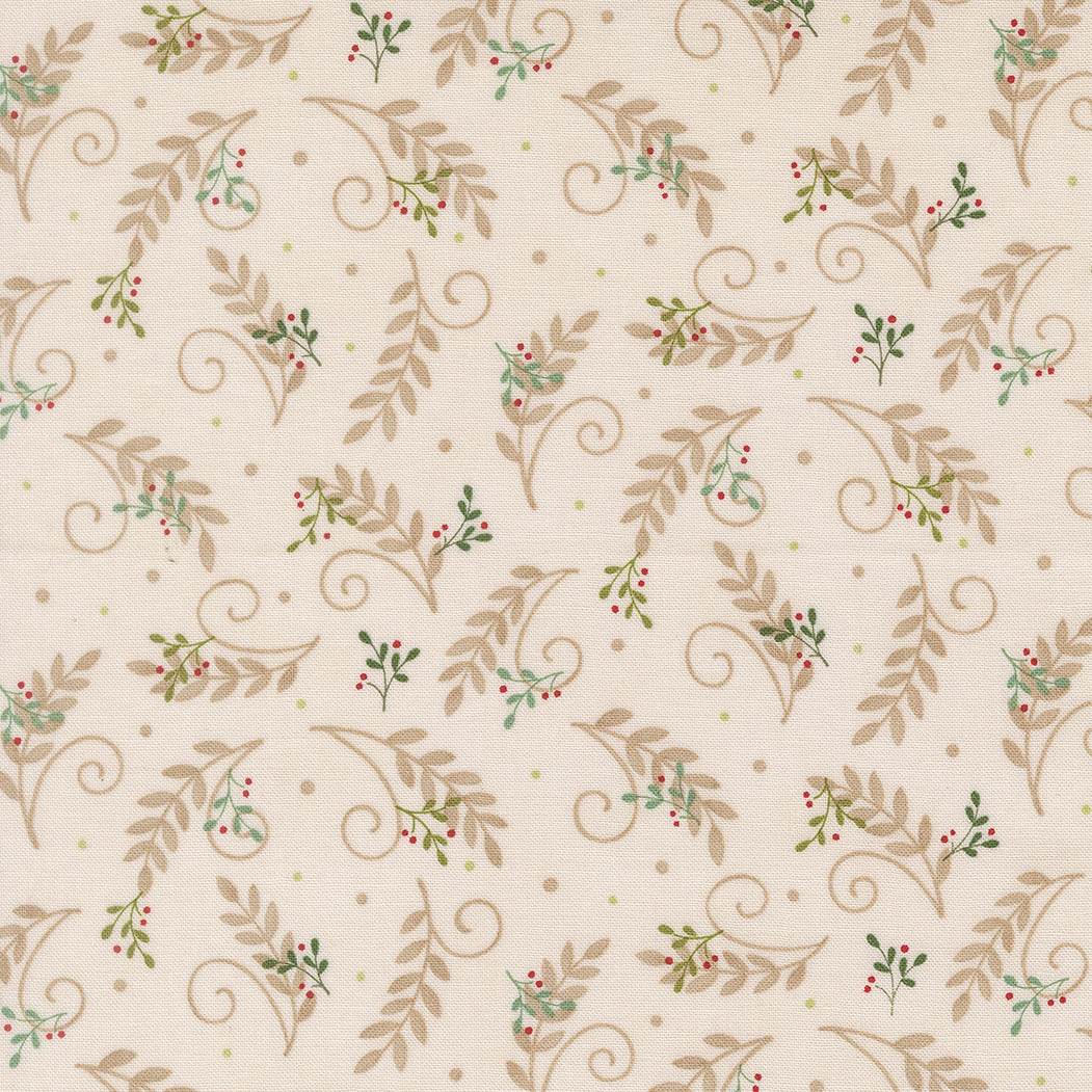 Winter fabric print with cardinals, chickadees, greenery, and jingle bells from When Snow Falls Tossed Greenery by Deb Strain