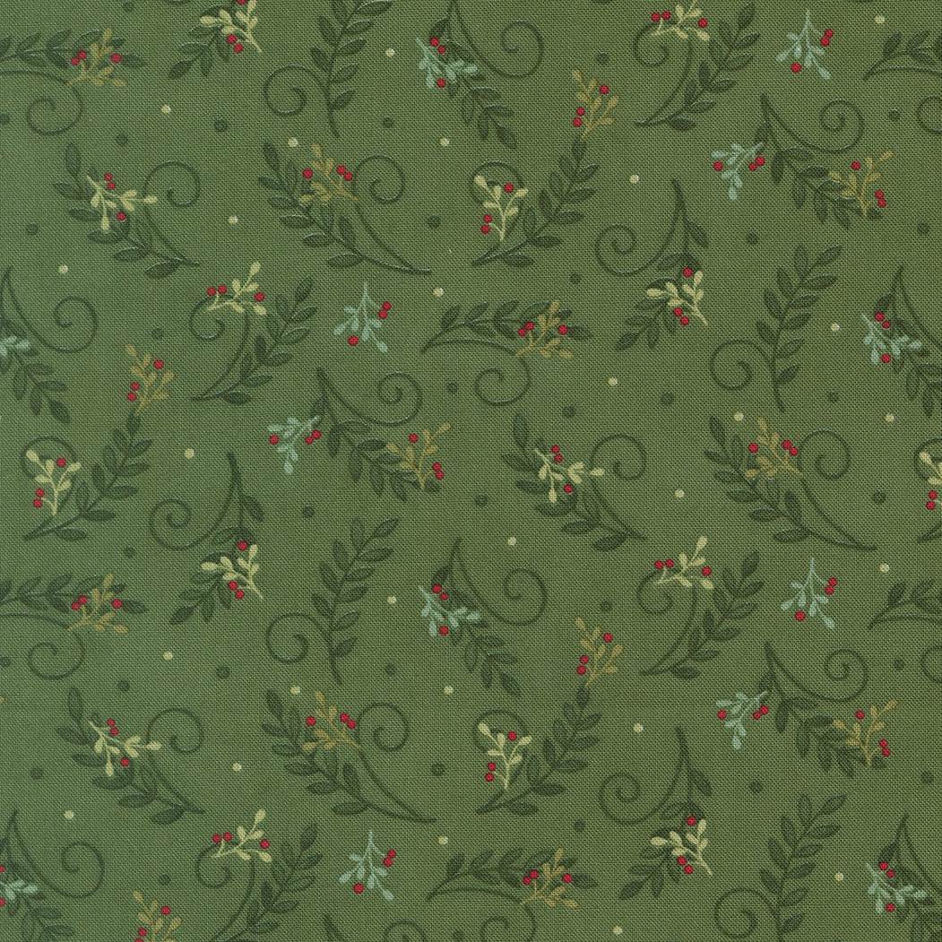 Cardinal and chickadee in winter stockings with greenery and jingle bell on When Snow Falls Tossed Greenery fabric by Deb Strain