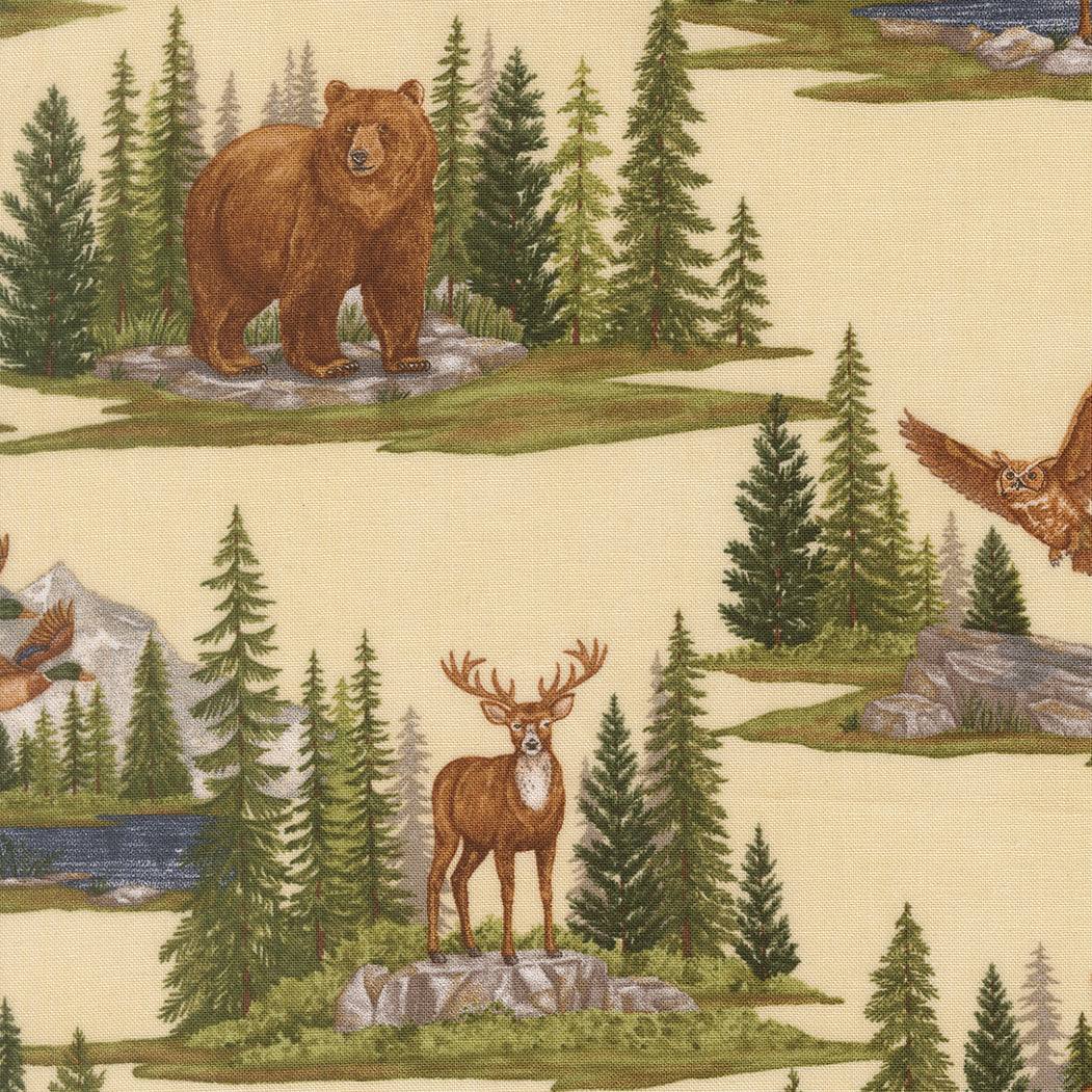 Northwoods Lodge fabric by Deb Strain with pine trees, animals, and lake scenes in natural tones