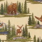 Northwoods Lodge fabric by Deb Strain with pine trees, animals, and lake scenes in natural tones