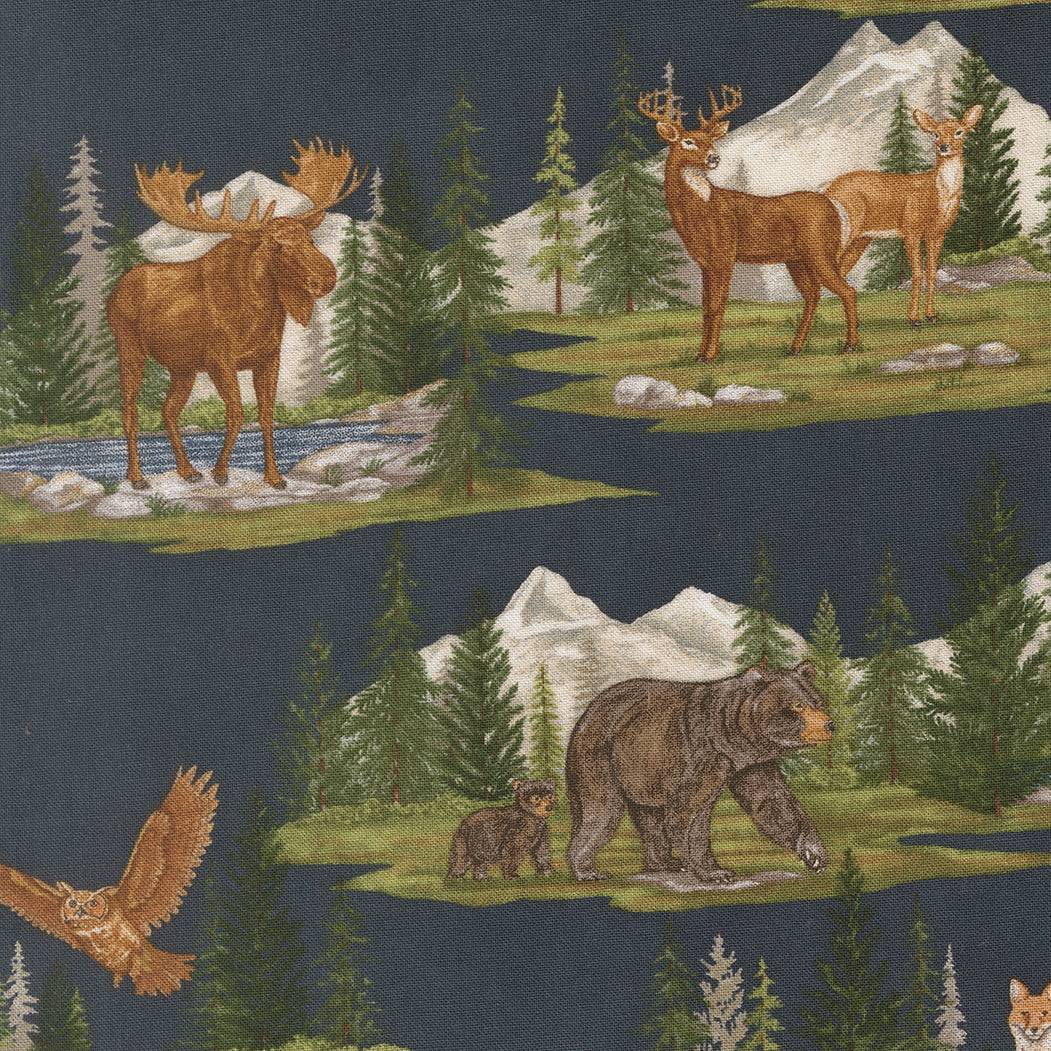 Northwoods Lodge fabric by Deb Strain featuring pine trees, pinecones, animals, and lake scenes in rich natural colors