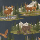 Northwoods Lodge fabric by Deb Strain featuring pine trees, pinecones, animals, and lake scenes in rich natural colors
