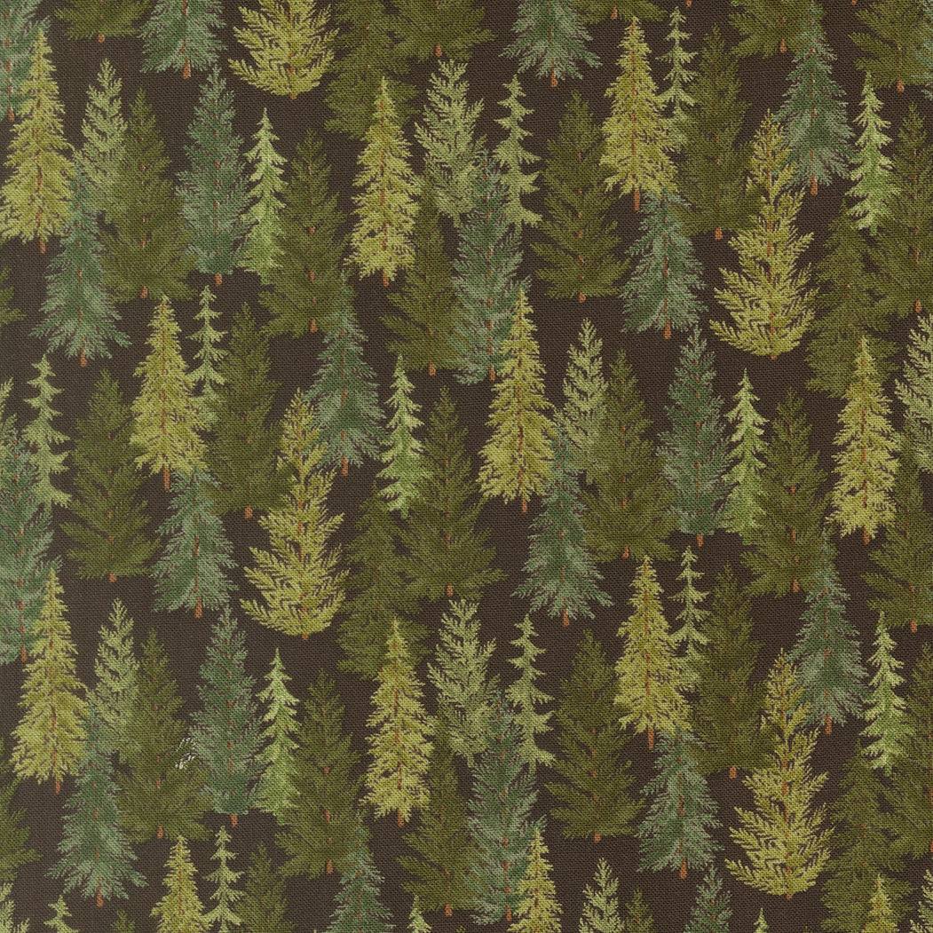 Northwoods Lodge fabric with pine trees, pinecones, animals, and lake scene in earth tones by Deb Strain for Moda Fabrics