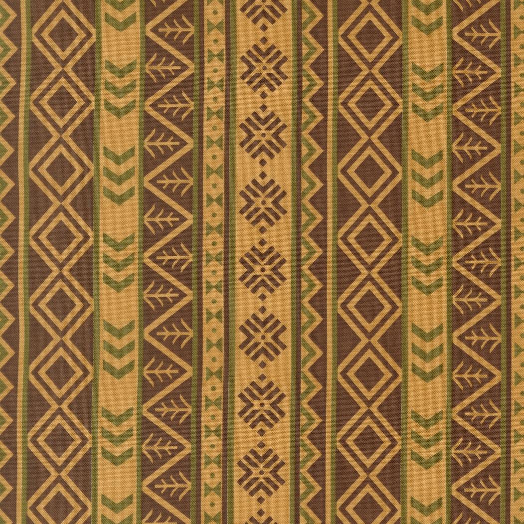 Northwoods Lodge fabric with Northwest stripes in fawn by Deb Strain, showcasing pine trees and natural colors for outdoor-themed quilting
