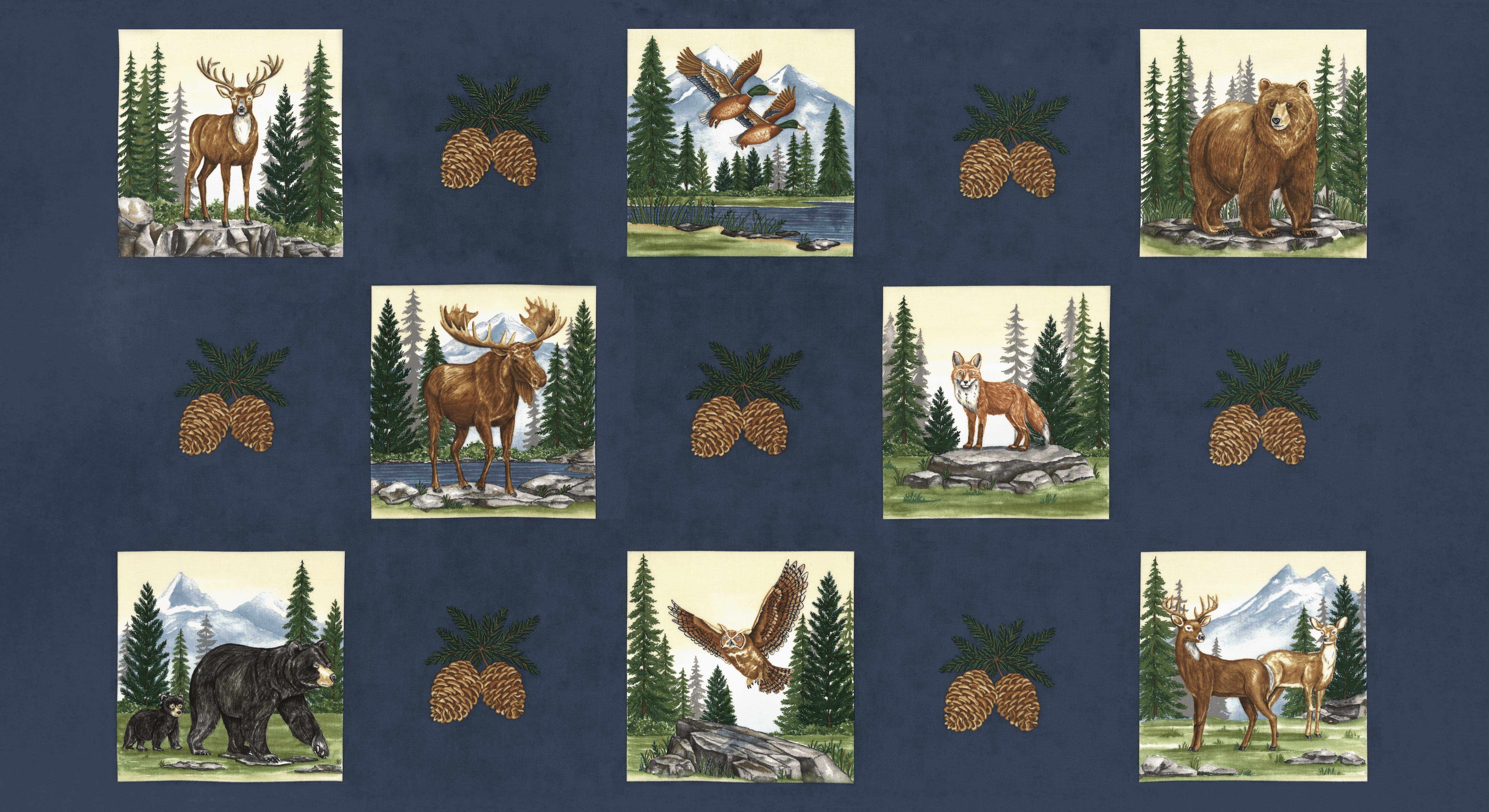 Northwoods Lodge Panel fabric by Deb Strain featuring pine trees, pinecones, animals, and lake scenes in rich tans, greens, browns, and blues
