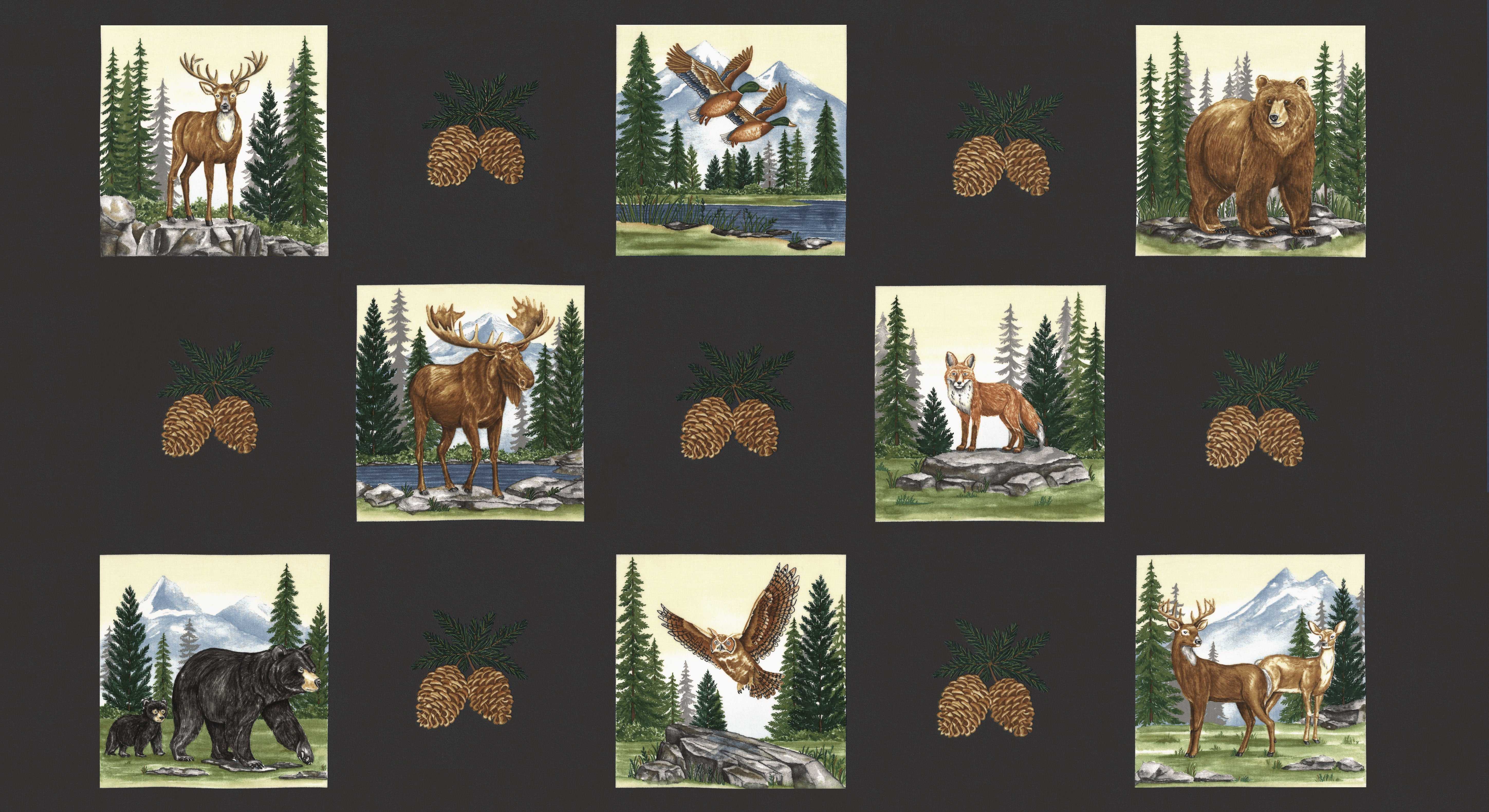 Northwoods Lodge panel fabric by Deb Strain featuring pine trees, pinecones, rocks, and animals in natural earthy tones