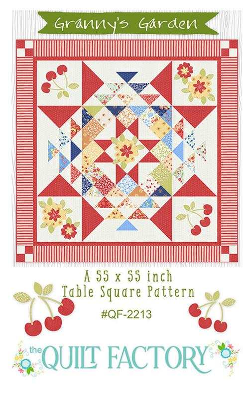 Granny's Garden Pattern quilt table topper with floral and cherry design, 55x55 inches by The Quilt Factory