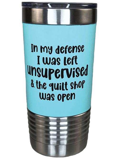 20 oz Tumbler In My Defense with sweat-free, double wall vacuum insulation and hot/cold retention