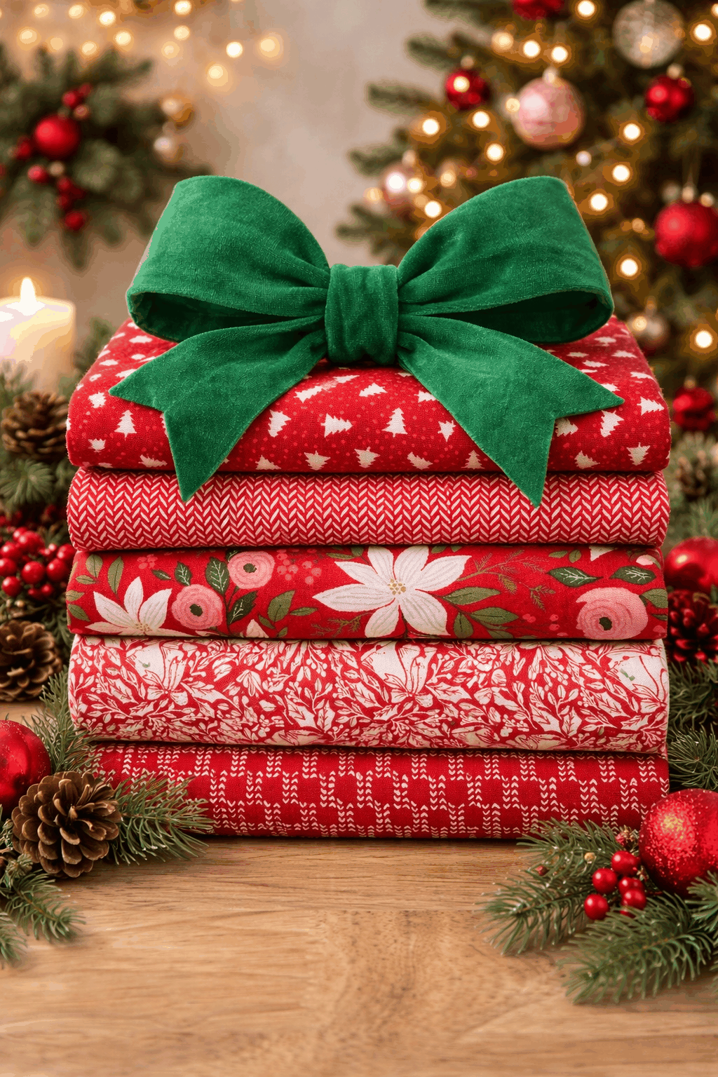 Advent Box Finishing kit stacked red fabric bundles with green bow and Christmas decorations
