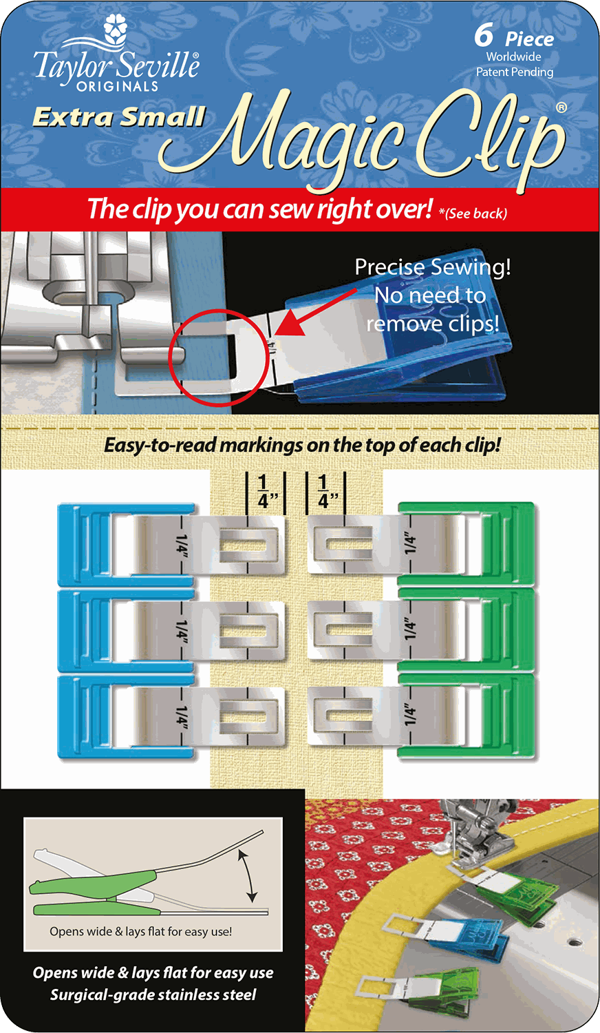Magic Clip extra small sewing clips in six-piece set made of surgical grade stainless steel