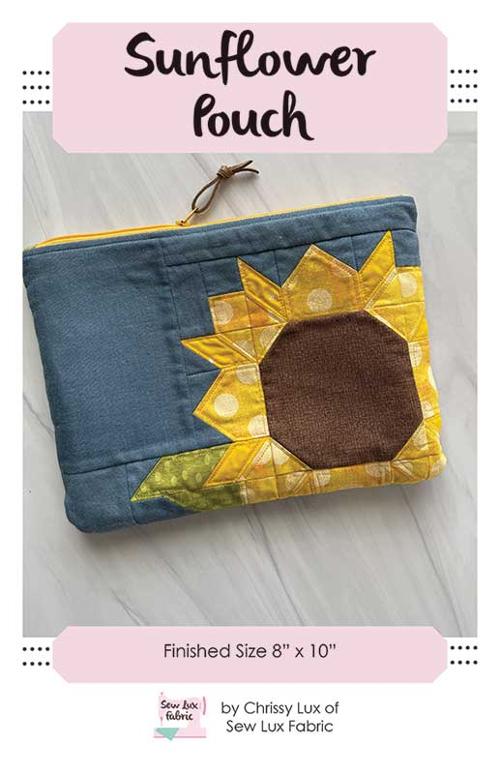 Sunflower pouch sewing pattern by Sew Lux Fabric with sunflower design and 8x11 inch size