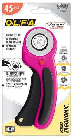 45mm Ergo Rotary Cutter magenta with ergonomic squeeze-handle and safety lock by Olfa