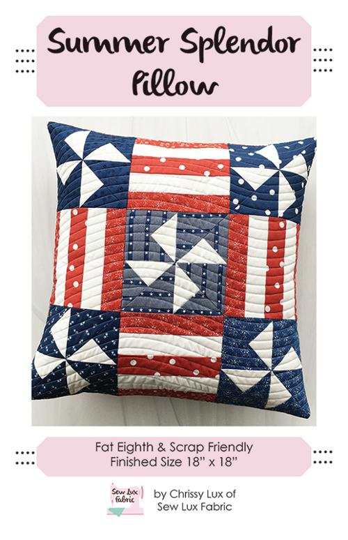 Summer Splendor Pillow by Chrissy Lux featuring patriotic red, white, and blue quilted design, 18x18 inches
