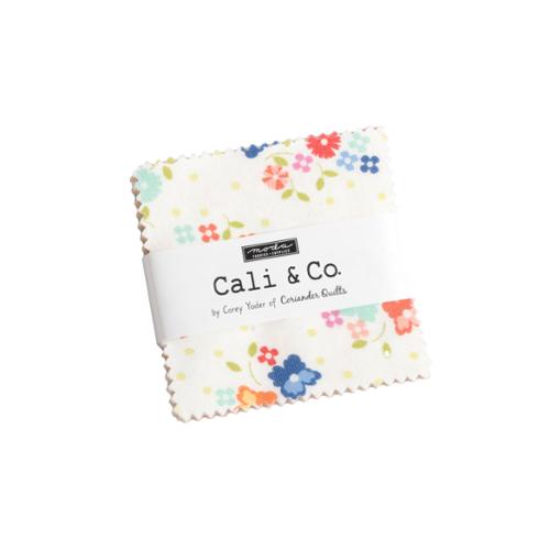 Cali & Co Mini Charm Pack by Corey Yoder featuring vibrant ditsy florals and colorful precut squares for quilting