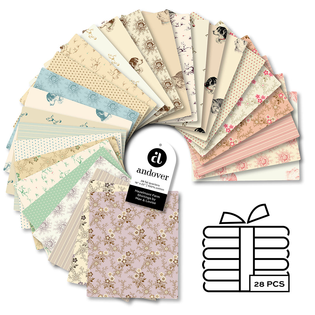 Hazelmont Farm Shirtings fat quarter bundle with 28 animal-inspired fabric pieces by Max and Louise