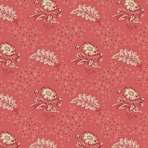Forest Glen Camellia Raspberry floral fabric by Renee Nanneman featuring 1870s botanical design with raspberry and pink flowers on green background