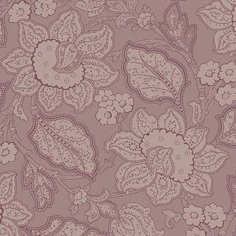 Forest Glen Jacobean Misty Plum floral fabric by Renee Nanneman, vintage botanical design