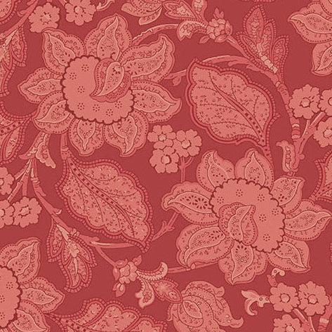 Forest Glen Jacobean Raspberry floral fabric by Renee Nanneman for Andover Fabrics, featuring 19th century botanical designs in raspberry and green tones