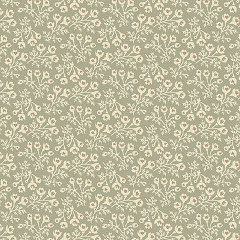Forest Glen botanical fabric design with meadow plants and flowers in sage green by Renee Nanneman