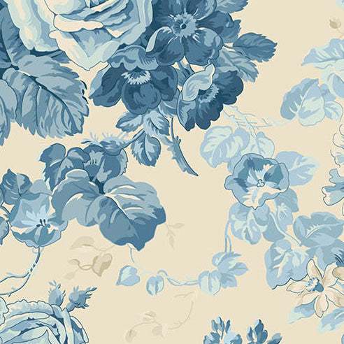 Special Delivery Rose Bouquet porcelain fabric with vintage florals and postal motifs by Laundry Basket Quilts