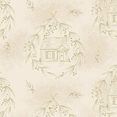 Special Delivery Cozy Cottage Wheat fabric with vintage florals and postal motifs by Laundry Basket Quilts