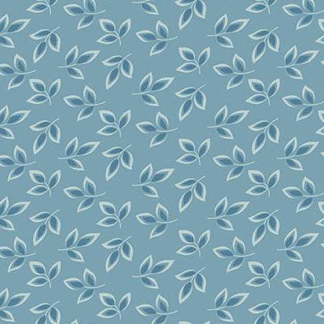 Special Delivery Jewelweed fabric with dreamy blues, creams, vintage florals, houses, and postal motifs by Edyta Sitar