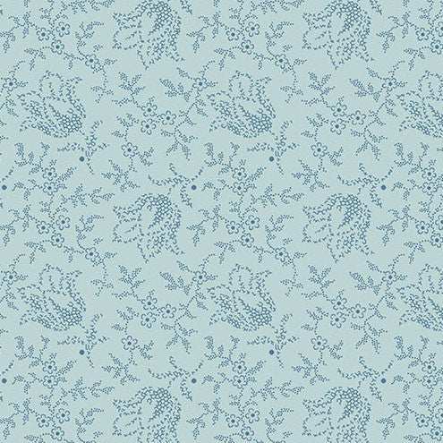 Special Delivery Garden Tulip Sky fabric with vintage floral and postal motifs in blues and creams by Laundry Basket Quilts