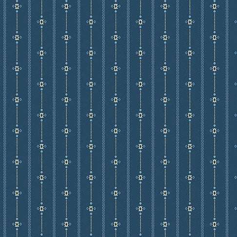Special Delivery Homespun fabric with blues, creams, vintage florals, houses, and postal motifs by Laundry Basket Quilts