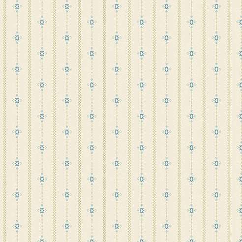 Special Delivery Homespun Mist fabric with vintage florals and postal motifs in blues and creams