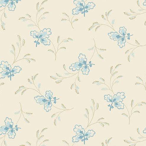 Special Delivery fabric with floating leaves and vintage postal motifs in blues and creams by Edyta Sitar