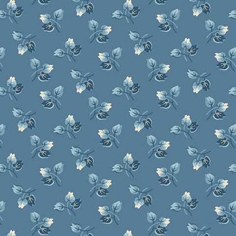 Special Delivery Laurel Stone fabric with dreamy blues, vintage florals, and postal motifs by Laundry Basket Quilts