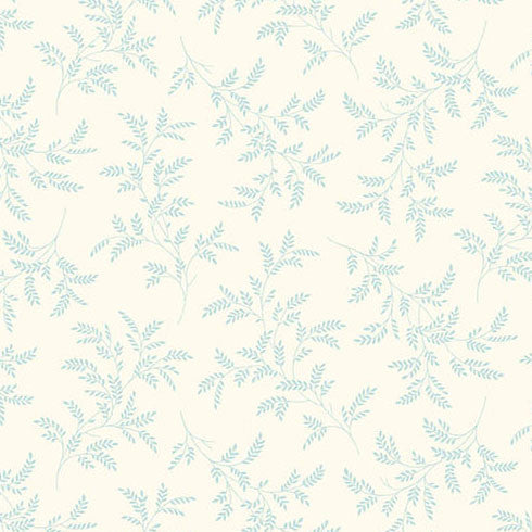 Special Delivery Tree Fern fabric by Edyta Sitar featuring vintage florals and postal motifs in blues and creams